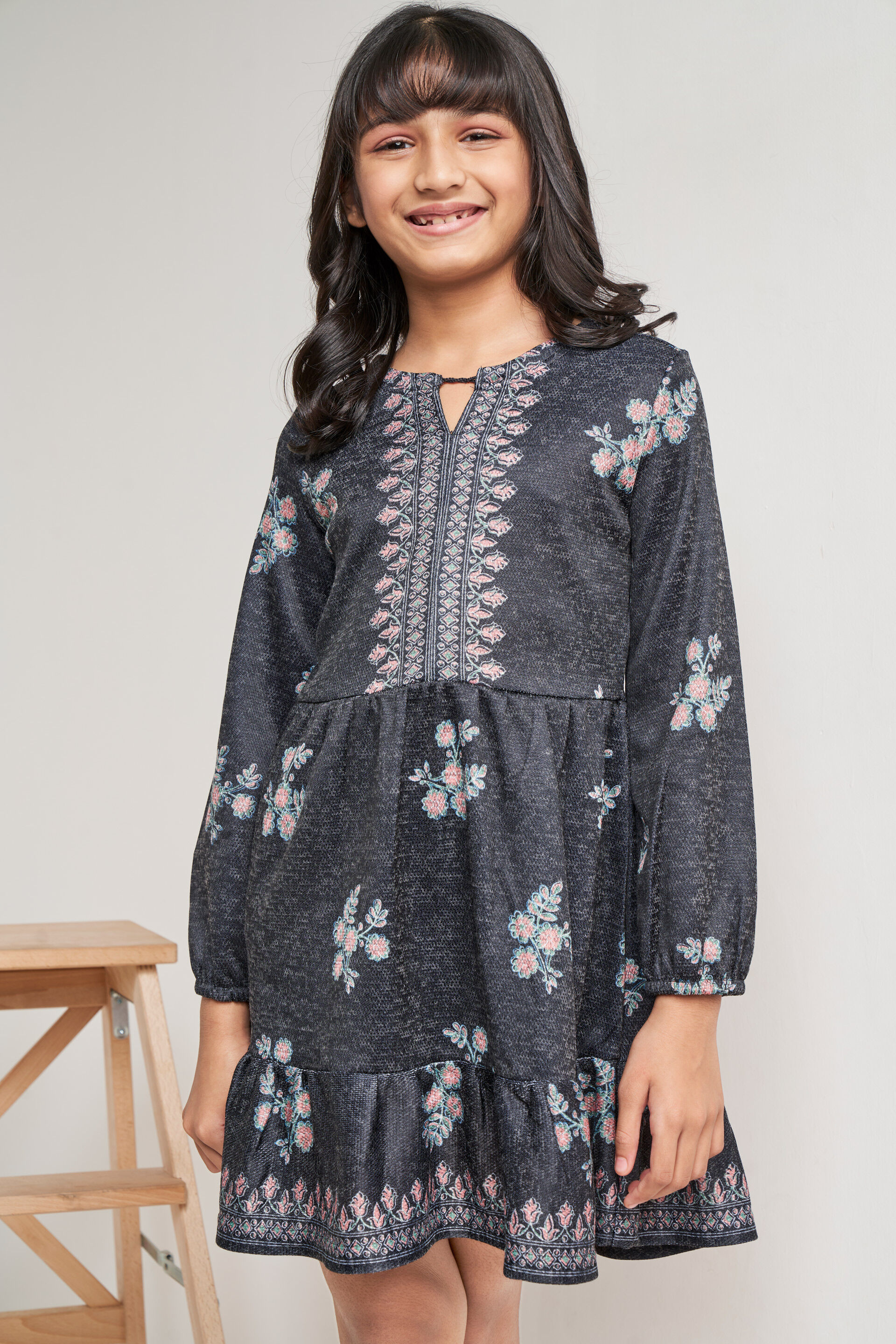 Grey Floral Keyhole Neck Dress, Grey, image 4